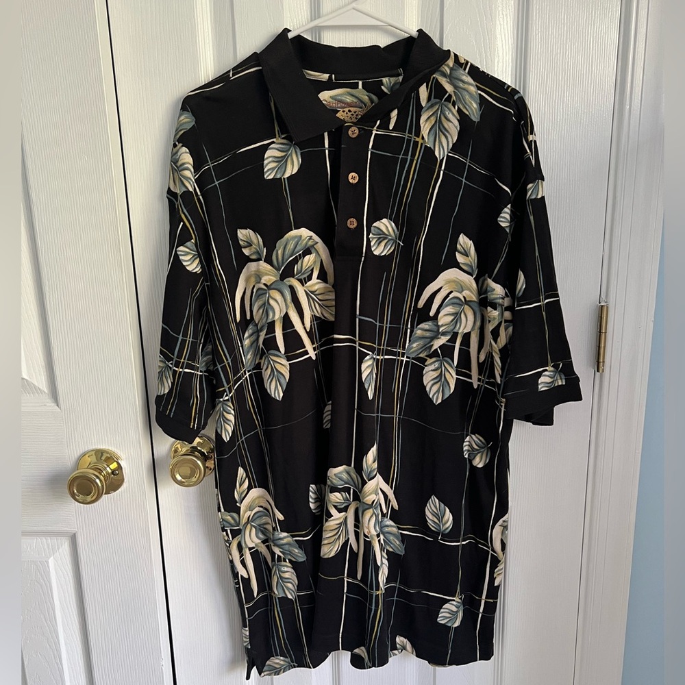 Caribbean Mens XL Silk Black Floral Polo Short‎ Sleeve Shirt
